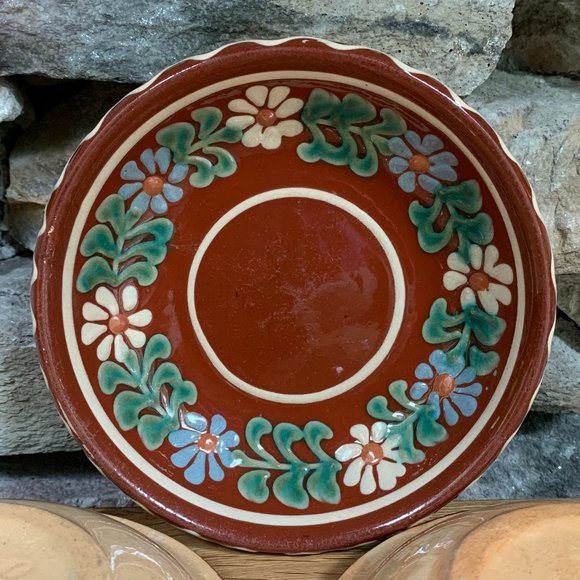 4 Pottery Bowls Majolica Hand Painted Floral Red Yellow Green - Picture 6 of 10